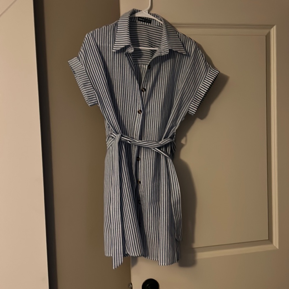 White and blue button and tie dress